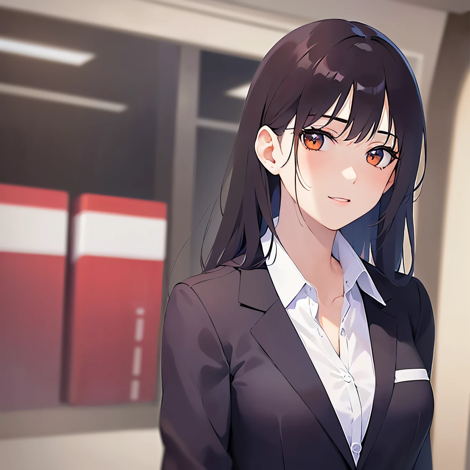 Upper Body, Realistic, real person, (pale skin: 1.2), RAW photo, photorealistic, shiny skin, shiny hair、(A 25-year-old woman with medium-length hair and bangs) and (wavy hair) and (brown hair) and (Orange Eyes) , (business suit:1.5) and (white collared shirt) 、smile, Background is an office room、Alone、Are standing