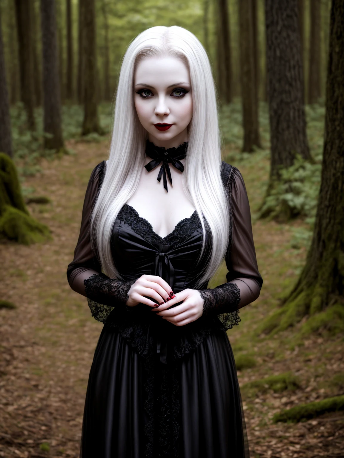 female sexy vampire|albino, pale porcelain skin, sexy vintage black dress, smile, shallow depth of field, grin|creepy, nightfall, detailed face, night, wide hips, narrow waist, portrait of woman standing, detailed eyes, portrait of woman standing, 8k RAW photo, highest quality, looking at the viewer, best shadow, intricate details, long hair, bright eyes, forest, grave, gothic, goth detailed, highres, high qualilty, high saturation