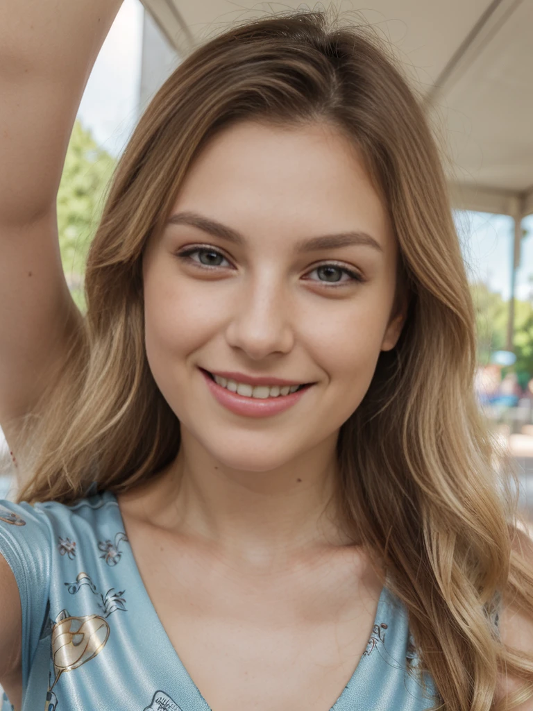 1 girl, solo, ((ugly:1.4)), ((Croatian woman)), name is Sauri, (25 years old), (((consistent face and image))), (long blonde wavy hair), (((Croatian face and nose))), (upper body and upper legs)), (slim), (wearing printed classy summer dress), posing overlooking Disneyland Paris, smiling, ((mature and smirking)), (((selfie shot)))