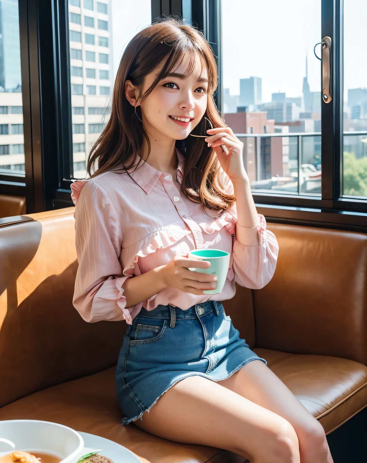 Highest quality、Face Focus、Soft Light、(Depth of written boundary)、Ultra-high resolution、(Photorealistic:1.4)、Raw photo、(Dawn、Daytime:1.2)、(Portrait:1.4)、（The background is a stylish cityscape）、（Drinking tea alone at a cafe）、（(1 Japanese girl)）,20-year-old, （(solo)）, cute, cute, （(Small Face)）,(Shy, Laughter:1.1), (Brown eyes), Natural Face, (Beaver,Loosely curled hair 1.4),、break、(Pale pink shirt with frills、Denim skirt)、（Looking into the camera）、（Cross your legs and sit on a chair by the window of a café）、（Above the thigh photo）