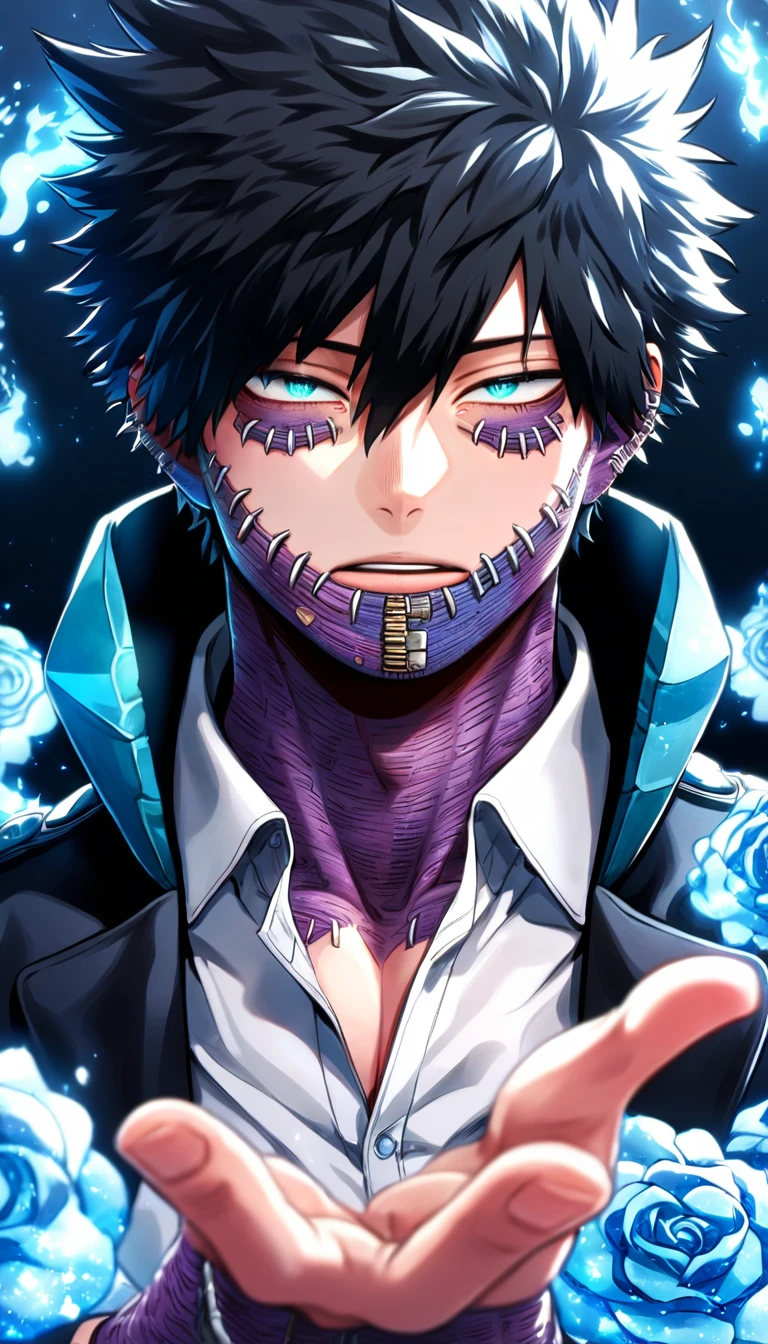 absurdres, highres, ultra detailed, HDR, master piece, best quality, Dabi, black hair, expressive turquoise eyes, Boku no hero academia, solo, sexy man, handsome, magical, fantasy, black coat with high collar, white shirt, blue flames background, blue roses, shining, blue petals, blue glittering fireflies, blue fire