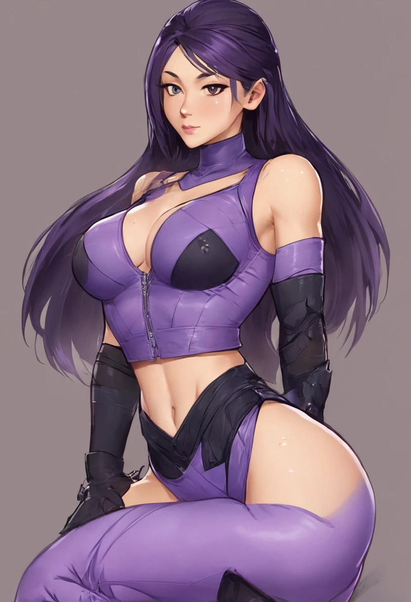 rating_explicit, beautyful woman, gothic, mature woman, black lipstick, tattoos in whole body, slim body, sexy ninja lilac vest, slender body, long hair, lilac vest, lilac sidecut hair, lilac hair, sidecut hair