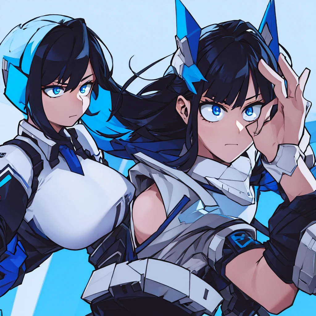 Girl with sky blue eyes, black hair with white tips and busty