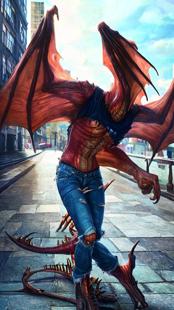 a beautiful girl with long brown hair, MelenaMariaRya, screaming in terror, transforming into a dragon, city street, t-shirt, jeans, clothes ripping, photo-realistic, intricate details, dramatic lighting, dark fantasy, cinematic, highly detailed, 8k, award winning, masterpiece, transformation, best quality