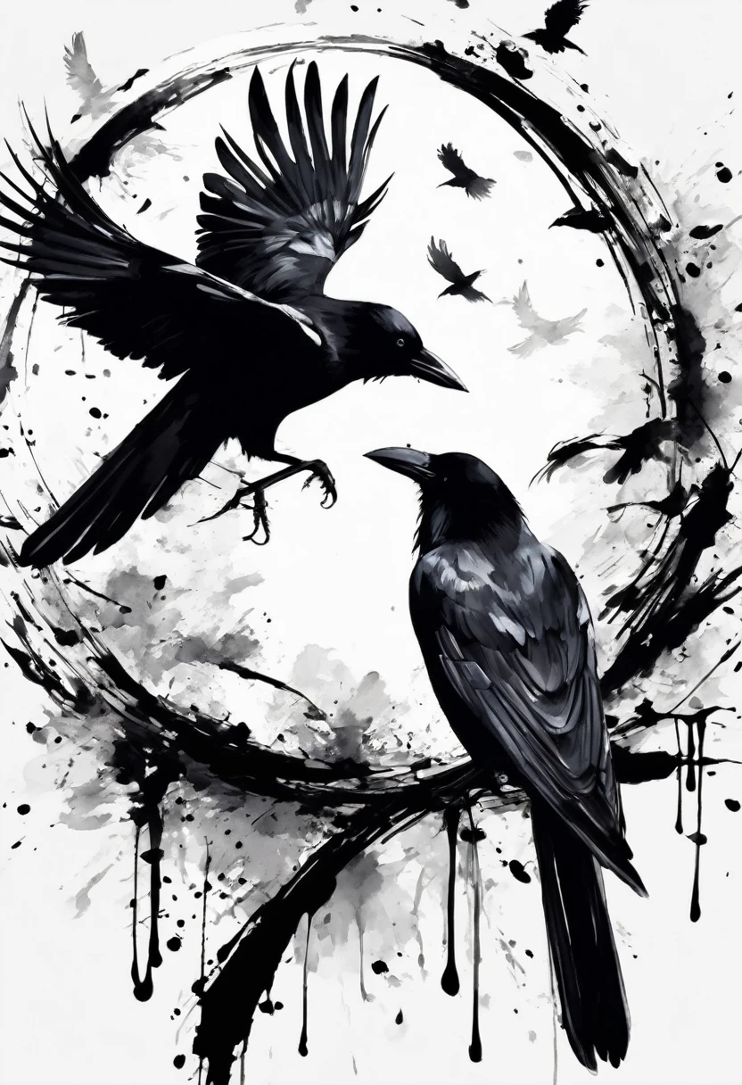 Ink painting,Black and white painting,8K,Draw a circle with a brush,(Crows from the splash:1.2),