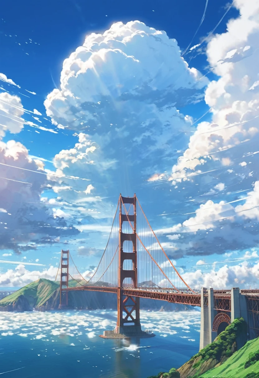 an instagram photo of clouds and the golden gate bridge in San Francisco, California, anime clouds, beautifull puffy clouds. anime, beautiful anime scenery, anime landscape, anime scenery, anime landscape wallpaper, anime sky, hyper realistic clouds, by makoto shinkai, by Makoto Shinkai, beautiful anime scene, beautiful anime artwork, in style of makoto shinkai, beautiful anime art, anime background art, ( ( makoto shinkai ) ), giant clouds, clean anime art, anime scenery concept art, ross tran. scenic background