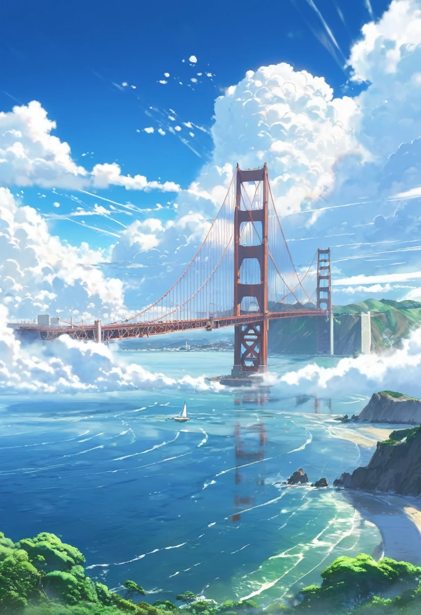 an instagram photo of clouds and the golden gate bridge in San Francisco, California, anime clouds, beautifull puffy clouds. anime, beautiful anime scenery, anime landscape, anime scenery, anime landscape wallpaper, anime sky, hyper realistic clouds, by makoto shinkai, by Makoto Shinkai, beautiful anime scene, beautiful anime artwork, in style of makoto shinkai, beautiful anime art, anime background art, ( ( makoto shinkai ) ), giant clouds, clean anime art, anime scenery concept art, ross tran. scenic background