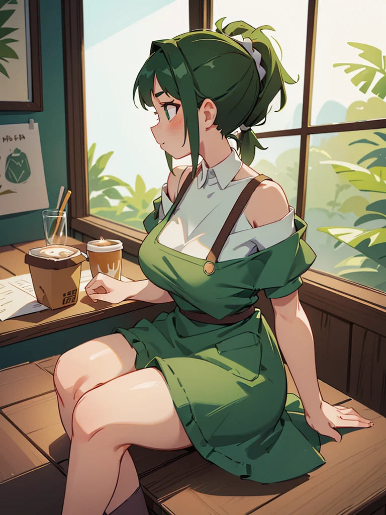 (flat:1.5),(cafe, window, sunlight, table, chair, sedentary:1.5) (big belly, arse, thick thighs:0.7), (warm light source:1.2), intricate details, volumetric lighting, Realism BREAK(masterpiece:1.2), (top quality), 4K, ultra detail, (Dynamic configuration:1.4), Very detailed and colorful details,(rainbow colors:1.2), (shining lights, atmospheric lighting), dreamy, magical, (alone:1.2), intricate details, cheeky expression, (normal size breasts), (green eyes:1.5), (a devastated expression, dead eyes, dark atmosphere:1.5), (darker green hair:1.5), (shirt, Small and tight shorts:1.5), (chubby, round belly), (beautiful eyes, flushing:1.5),(human ear,thin legs:1.5),(chair에 sedentary, diagonal shot:1.5), (embarrassing:1.5),(diagonal shot:1.5), wanting to masturbate, shorts unbuttoned