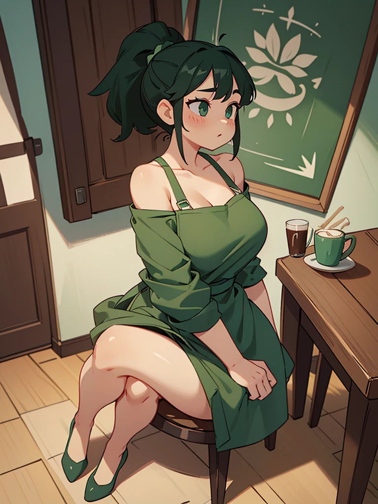 Cool beauty，Looks sweet，ponytail hairstyle, (only wearing dark green apron, off-shoulders), show clavage, show big thigh, huge breast, side view, full body photo, sitting on a table, in a coffee shop