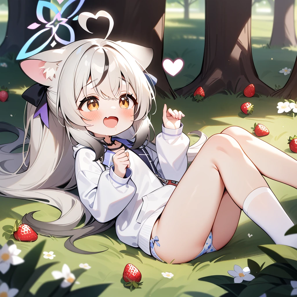 （masterpiece：1.2，high quality），8K，High resolution，A seven-year-old girl，cute girl，Sunohara Kokona（blue archive），white hair，long hair，light brown eyes，，cat ears，halo，heart ahoge，laughing，skin fang，saliva，Wear a white hoodie，no shorts，Strawberry pattern panties，Bows on panties，Lying in the forest，There are flowering trees on both sides，primary school student，thigh，Calf，white socks，alone，（Put your hands in your pockets）