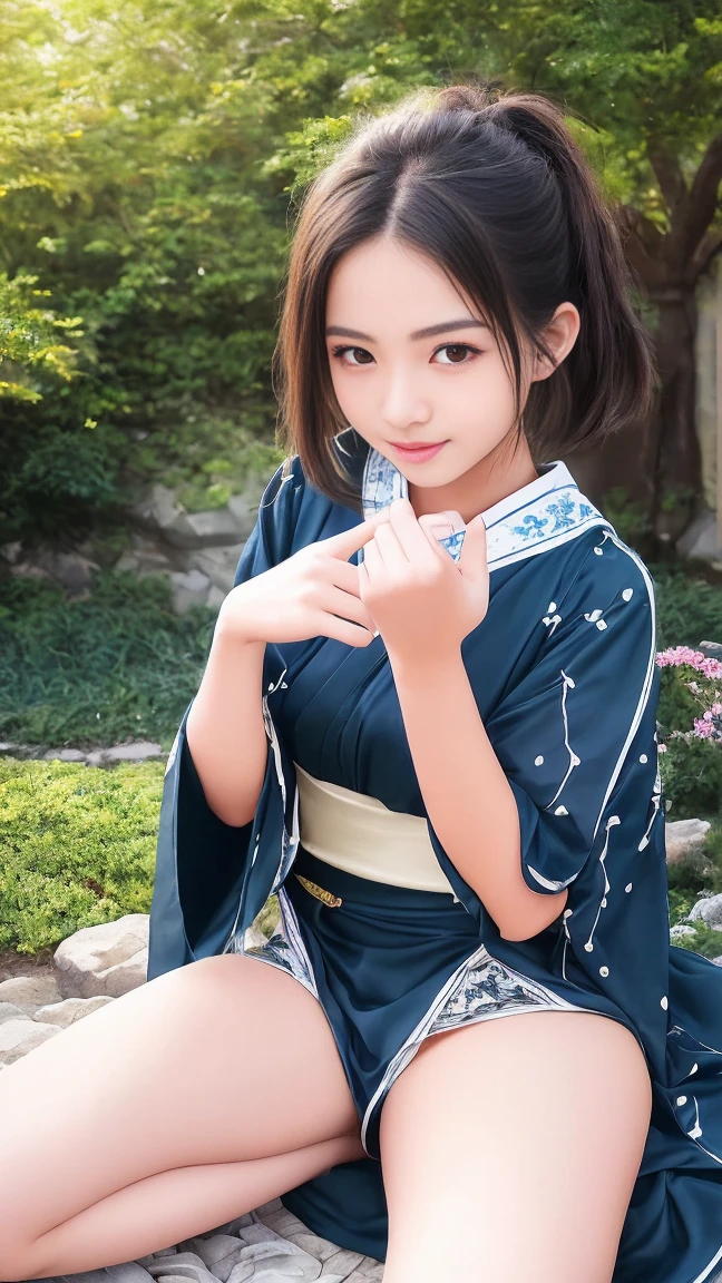 最high quality、high quality、Best image quality、8K、最High resolution、High resolution、最high quality、masterpiece、RAW Photos、whole body写真、Detailed and realistic human body、Detailed and realistic skin、Realistic face in every detail、Detailed and realistic eyes、Detailed and realistic lips、Detailed and realistic teeth、Detailed and realistic ears、Detailed and realistic hair、Realistic reproduction of every detail、((Beautiful Hands(thumb１、reference４))、Realistic feet down to the last detail、((Beautiful Japanese elementary school students))、(Japanese Model)、((Beautiful Japanese Junior High School Students))、((Beautiful 12 year old girl))、(Black Hair)、(Random Hairstyles)、((whole body))、((Child body type))、(Flat chest)、(whole body光沢肌、Fair skin)、Soft natural light、Mini Chinese Dress、Mini Kimono、Ninja costume、Japanese tradition、Japanese garden、((Colorful see-through(花柄のNinja costume))、((Relax in the garden(Poses to make your thighs look beautiful))