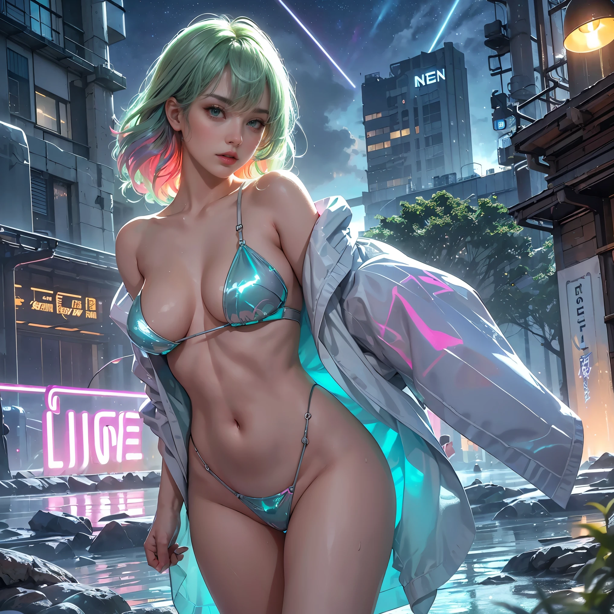 masterpiece, best quality, 1girl, ives , Mecha, beautiful lighting, (Neon light: 1.2), (night: 1.5), "masterpiece, best quality, 1girl, full-length portrait, sensual pose, green eyes, multicolored hair+silver:1.3+red:1.2+purple+yellow:1.3+green:1.3, sculpted legs and tempting curves, full breasts, pretty face, lots of water drops, cloud, Twilight, open plan, Watercolor, Neon light: 1.2, night:1.5, Mecha, beautiful lighting, bright neon light: 1.2, unforgettable mysterious night: 1.5"