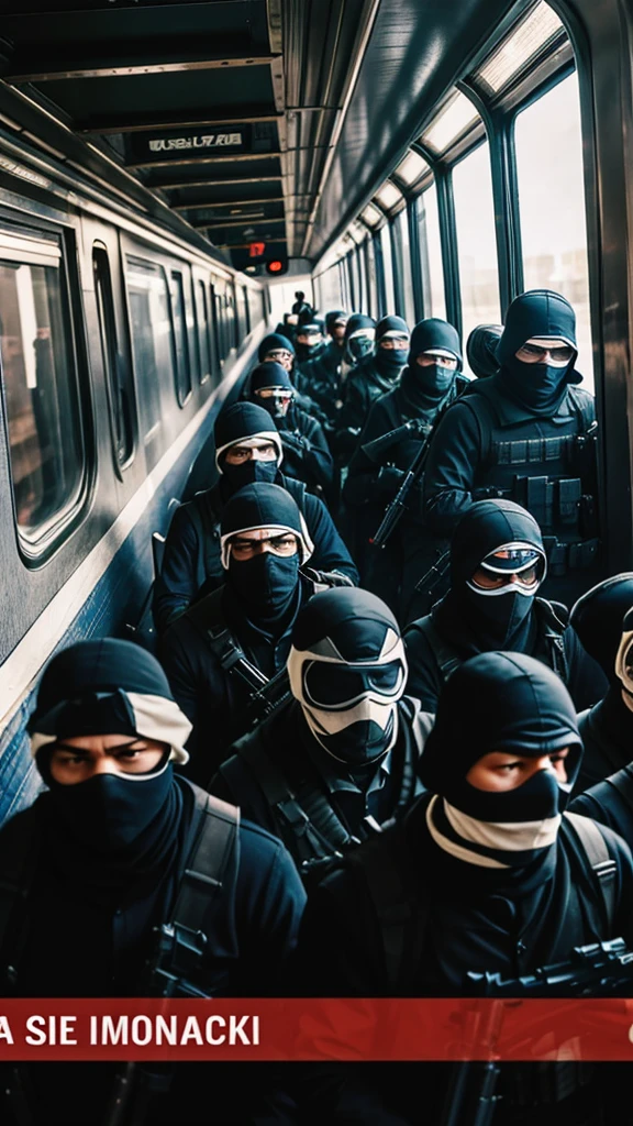 A group of 15 men, faces obscured by masks, with guns and prepared for robbery with a train coming