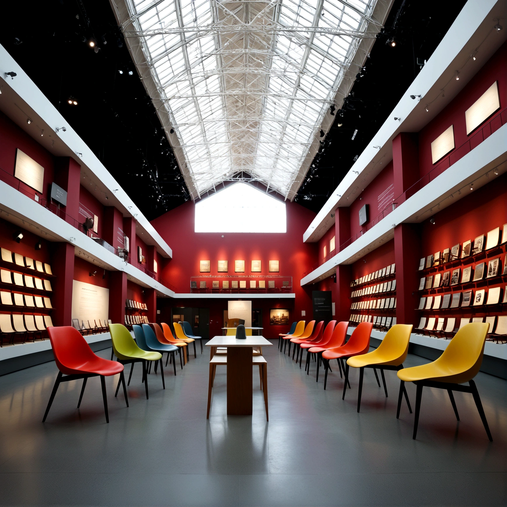 Create a hyper-realistic image of a chair museum with a perspective angle that emphasizes the large space and rows of shelves displaying chairs. The museum should have high ceilings and large windows allowing natural light to stream in. The shelves should be neatly arranged, showcasing a variety of chairs from different eras and styles. Include informational plaques next to the chairs and a few visitors admiring the exhibits. The overall atmosphere should be grand and educational, capturing the beauty and diversity of chair design in a spacious and well-lit environment