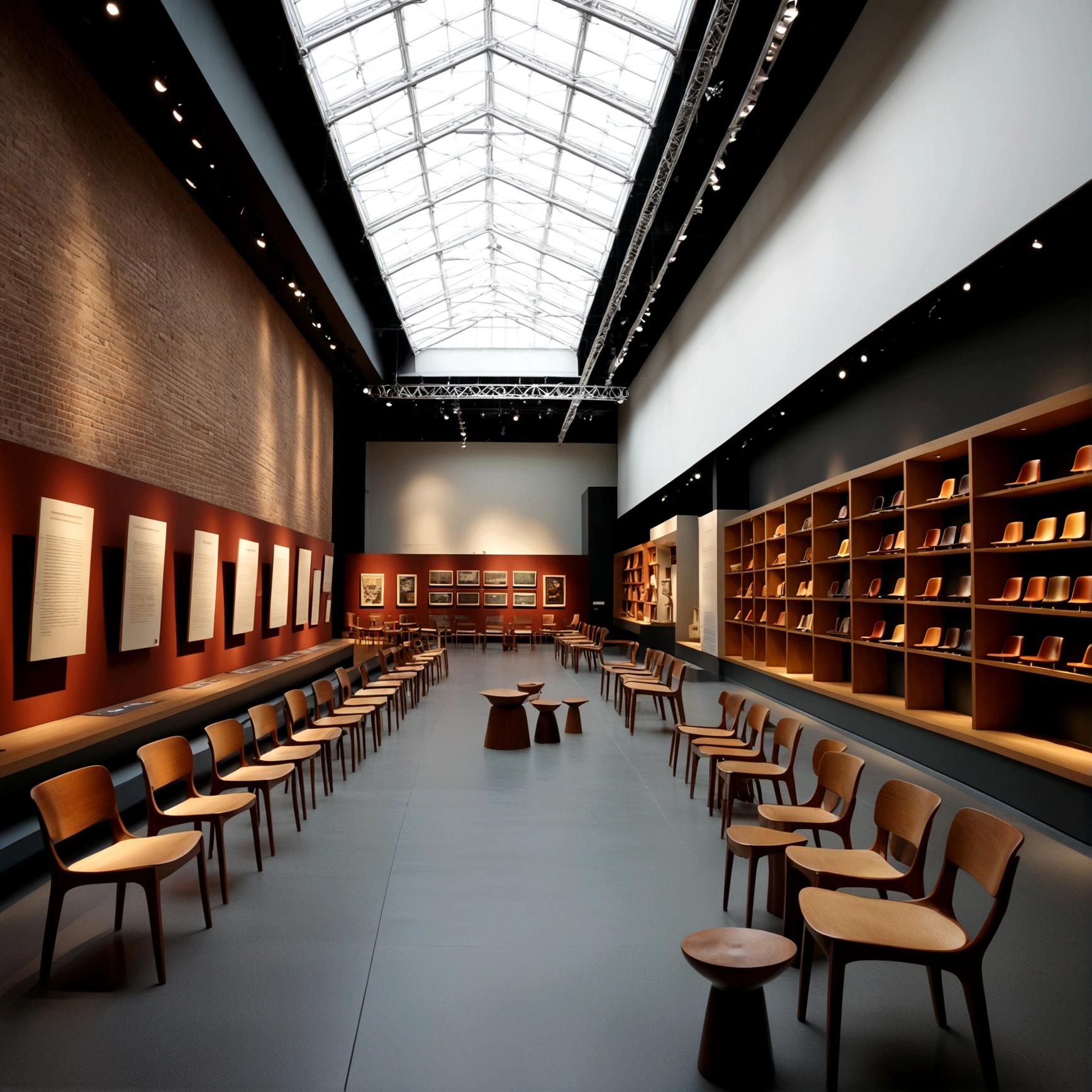 Create a hyper-realistic image of a chair museum with a perspective angle that emphasizes the large space and rows of shelves displaying chairs. The museum should have high ceilings and large windows allowing natural light to stream in. The shelves should be neatly arranged, showcasing a variety of chairs from different eras and styles. Include informational plaques next to the chairs and a few visitors admiring the exhibits. The overall atmosphere should be grand and educational, capturing the beauty and diversity of chair design in a spacious and well-lit environment