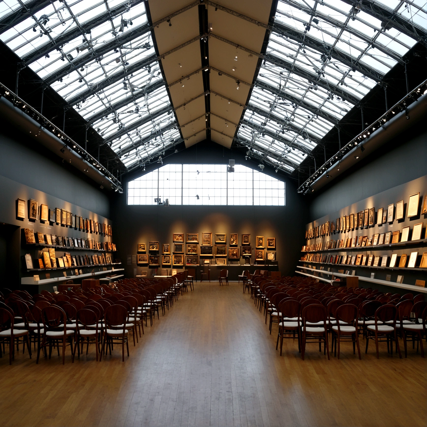 Create a hyper-realistic image of a chair museum with a perspective angle that emphasizes the large space and rows of shelves displaying chairs. The museum should have high ceilings and large windows allowing natural light to stream in. The shelves should be neatly arranged, showcasing a variety of chairs from different eras and styles. Include informational plaques next to the chairs and a few visitors admiring the exhibits. The overall atmosphere should be grand and educational, capturing the beauty and diversity of chair design in a spacious and well-lit environment