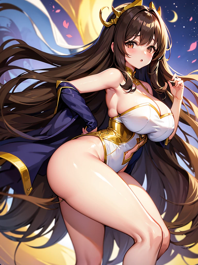 Anime girl, thick and curvy, long curly brown hair with bangs, brown eyes, fancy dress