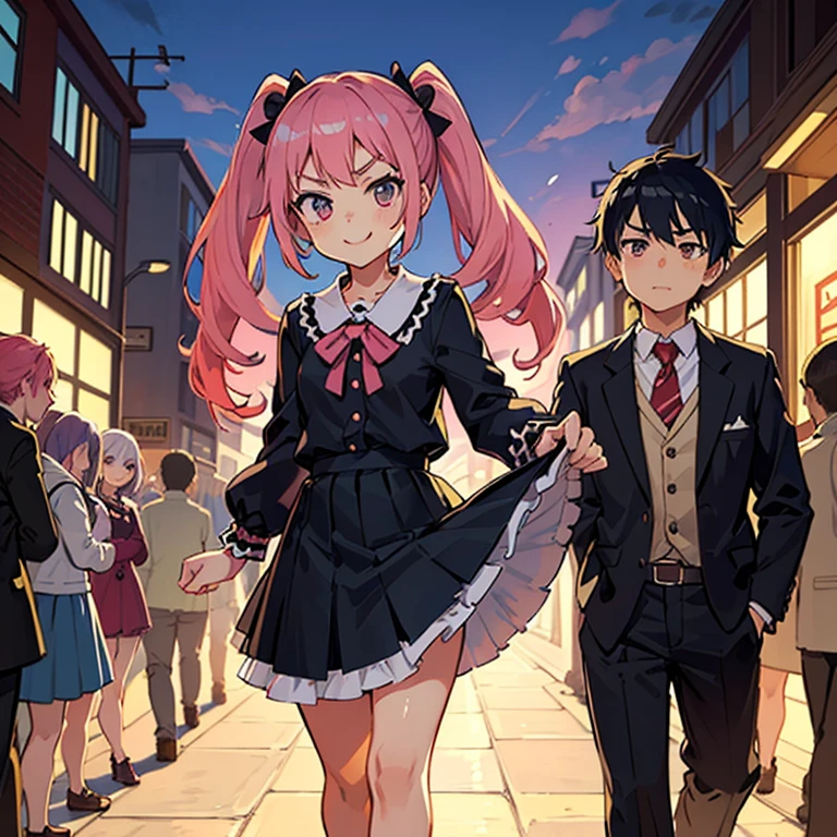 Girl with pink hair, long twin-tail hairstyle, small bushy eyebrows, dressed in gothic lolita clothes, lolicon (Zankuro) drawing style by zankuro artist, Zancrow style, image uploaded to R34, walking to school, flirty smile, lifting her skirt to show her vagina wet with ?????, standing in the middle of a crowd