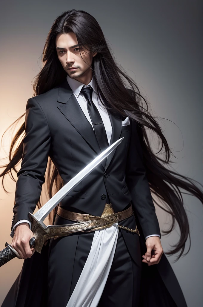 Long haired man in suit with two swords