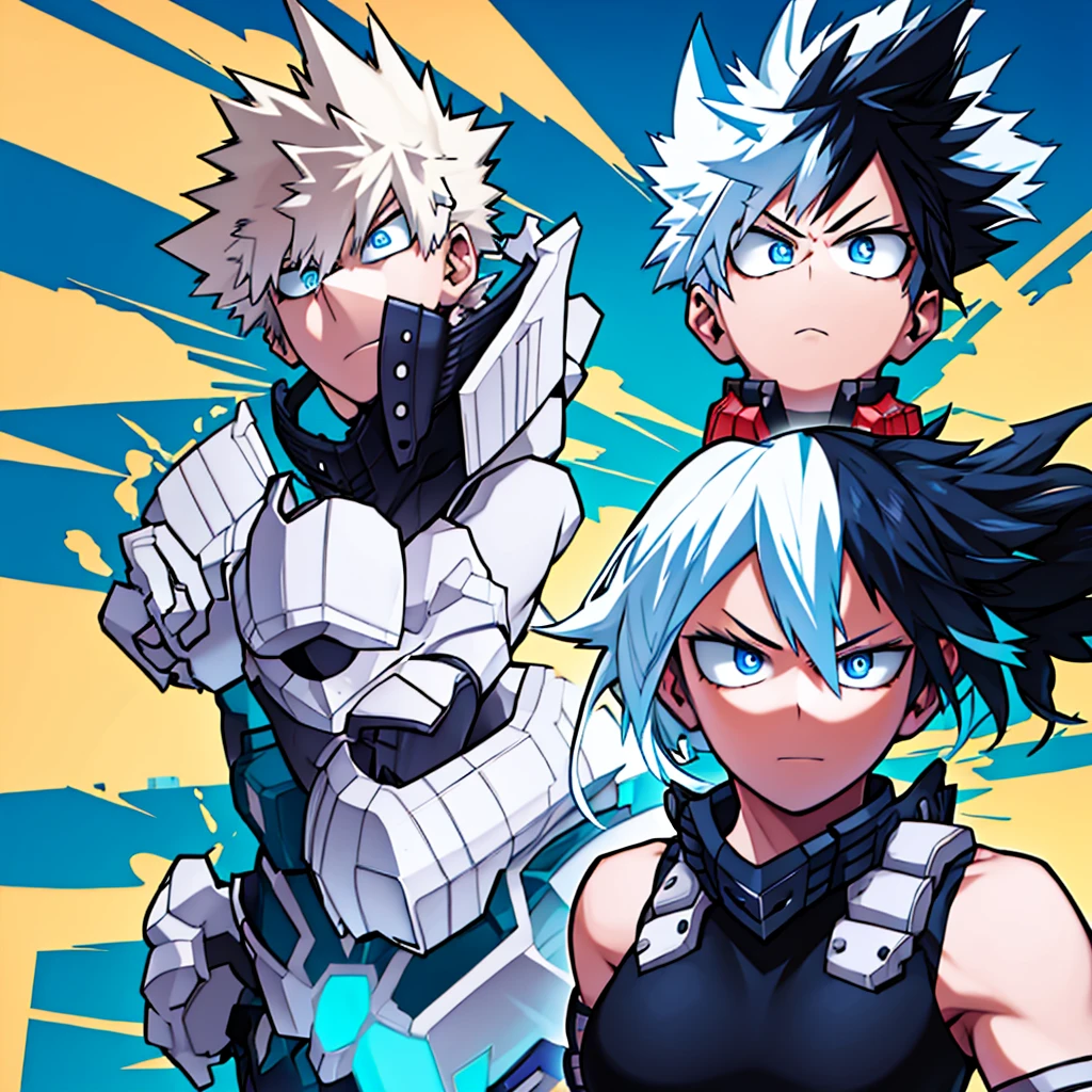 Girl with sky blue eyes, black hair with white tips and busty next to bakugo katsuki