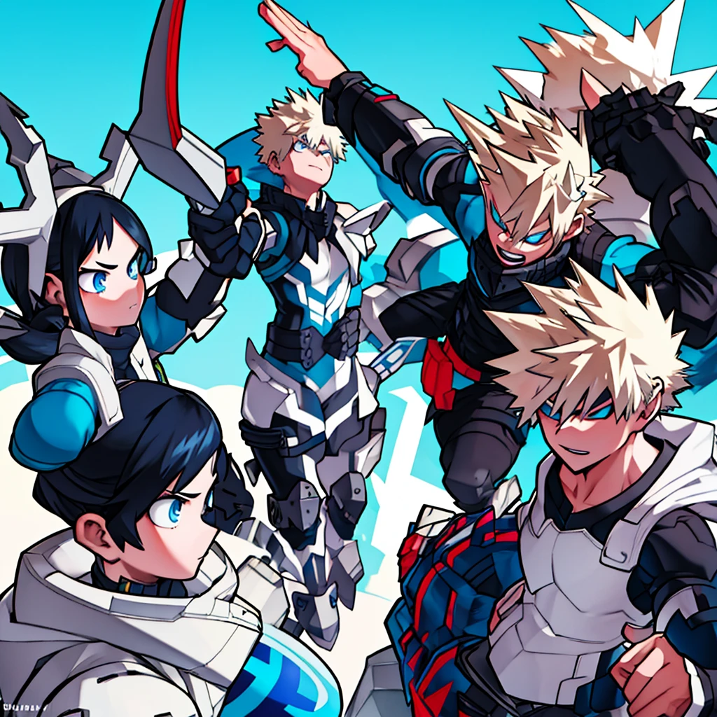 Girl with sky blue eyes, black hair with white tips and busty next to bakugo katsuki
