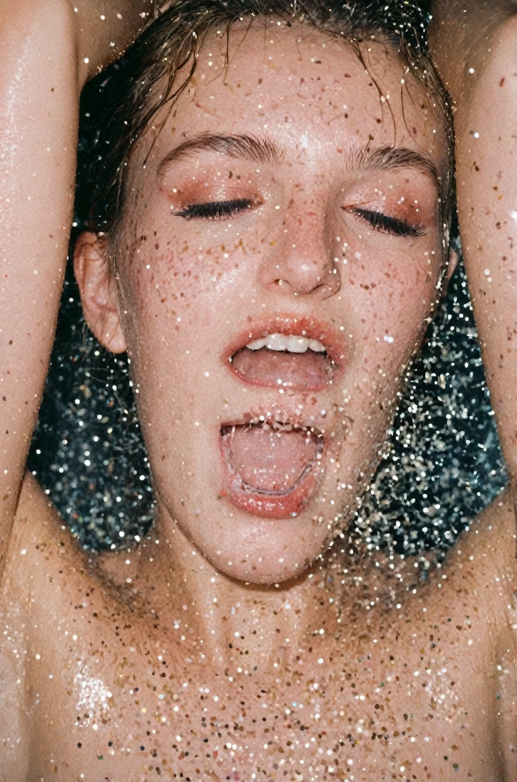 35mm, female portrait, glitter, spitting on her tits