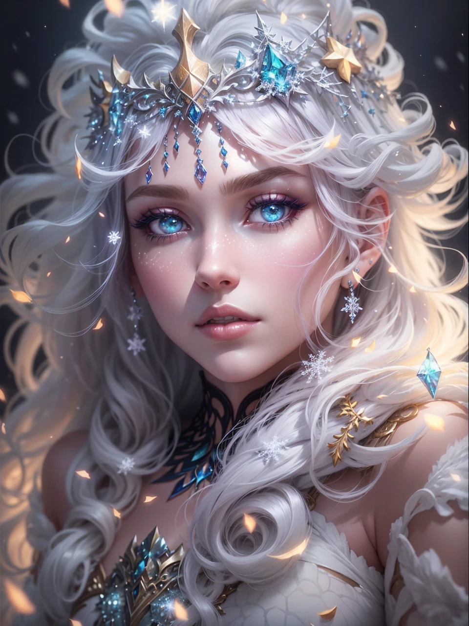 Create beautiful, Realistic fantasy artwork with vibrant jewel tones, Nice shine and shimmer, And a lot of snowflakes. Create a radiant woman with curly hair., metal hair, and realistic textured hair. Her skin is pure white，Seems, glows under the light. A woman&#39;s face matters: including ((soft, down jacket, big lips, elegant functionality, And the most beautiful Детальs macro eyes)) in the world. Woman in a winter landscape，Snowflakes and snowflakes gently fall., soft белый мех, Subtle iridescent Детальs, Subtle phantom rainbow Детальs, and delicate and exquisite jewelry，Shimmering under the lights. Includes many small fantasy Детальs，For example, hair spring, fitter, Delicate and charming embroidery, and sparkling luminous lighting. The woman's face is not obscured by Детальs，Her eyes are sharp，Permission высокое. Mix dreamy colors, Dynamic lighting, and Детальed background elements，Create a feeling of awe and immersion. These include colorful flying magical birds and jewel-colored butterflies, exuding magical halos.. Let&#39;s look at the latest trends in fantasy art., such as incorporating unique lighting effects, Learn dynamic and compelling composition techniques., And try a unique color palette. Take inspiration from the top artists on ArtStation and Midjourney.. Camera: Choose an angle, which will highlight the beauty of the characters and emphasize the magical grandeur of the work of art.. lighting: Create depth and atmosphere with atmospheric lighting technology. Permission: Aim for high-resolution images，to showcase intricate Деталь and clarity. Artistic inspiration: Get inspiration from popular artists at ArtStation, Explore different styles, genre, and theme. White skin, pale skin, Skin is really pale, The skin is really white, Beautiful eyes, Fantastical Детальs, small with