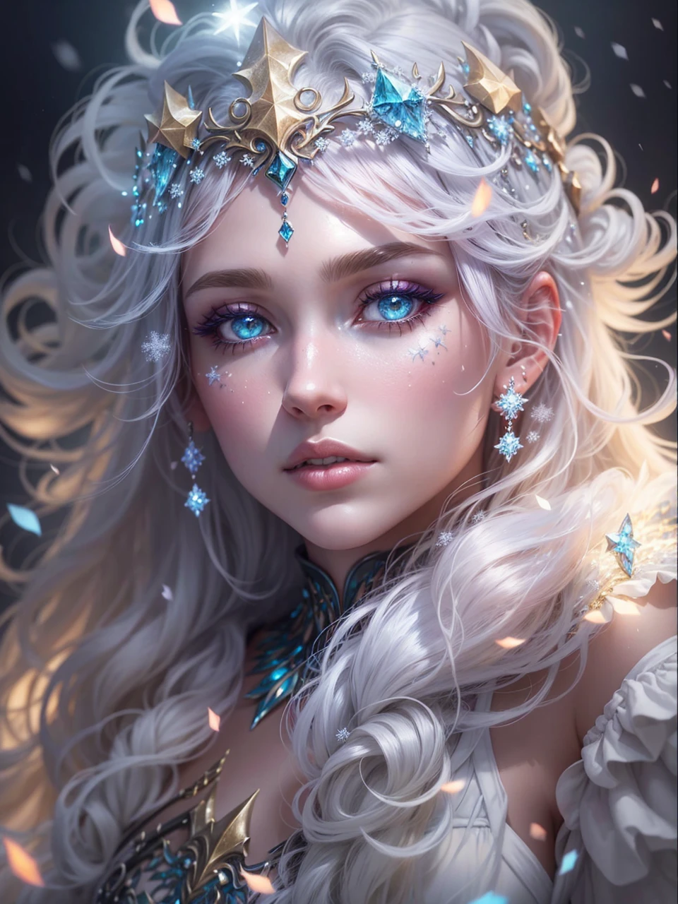 Create beautiful, Realistic fantasy artwork with vibrant jewel tones, Nice shine and shimmer, And a lot of snowflakes. Create a radiant woman with curly hair., metal hair, and realistic textured hair. Her skin is pure white,Seems, glows under the light. A woman's face matters: including ((soft, down jacket, big lips, elegant functionality, And the most beautiful Детальs macro eyes)) in the world. Woman in a winter landscape,Snowflakes and snowflakes gently fall., soft белый мех, Subtle iridescent Детальs, Subtle phantom rainbow Детальs, and delicate and exquisite jewelry,Shimmering under the lights. Includes many small fantasy Детальs,For example, hair spring, fitter, Delicate and charming embroidery, and sparkling luminous lighting. The woman's face is not obscured by Детальs,Her eyes are sharp,Permission высокое. Mix dreamy colors, Dynamic lighting, and Детальed background elements,Create a feeling of awe and immersion. These include colorful flying magical birds and jewel-colored butterflies, exuding magical halos.. Let's look at the latest trends in fantasy art., such as incorporating unique lighting effects, Learn dynamic and compelling composition techniques., And try a unique color palette. Take inspiration from the top artists on ArtStation and Midjourney.. Camera: Choose an angle, which will highlight the beauty of the characters and emphasize the magical grandeur of the work of art.. lighting: Create depth and atmosphere with atmospheric lighting technology. Permission: Aim for high-resolution images,to showcase intricate Деталь and clarity. Artistic inspiration: Get inspiration from popular artists at ArtStation, Explore different styles, genre, and theme. White skin, pale skin, Skin is really pale, The skin is really white, Beautiful eyes, Fantastical Детальs, small with