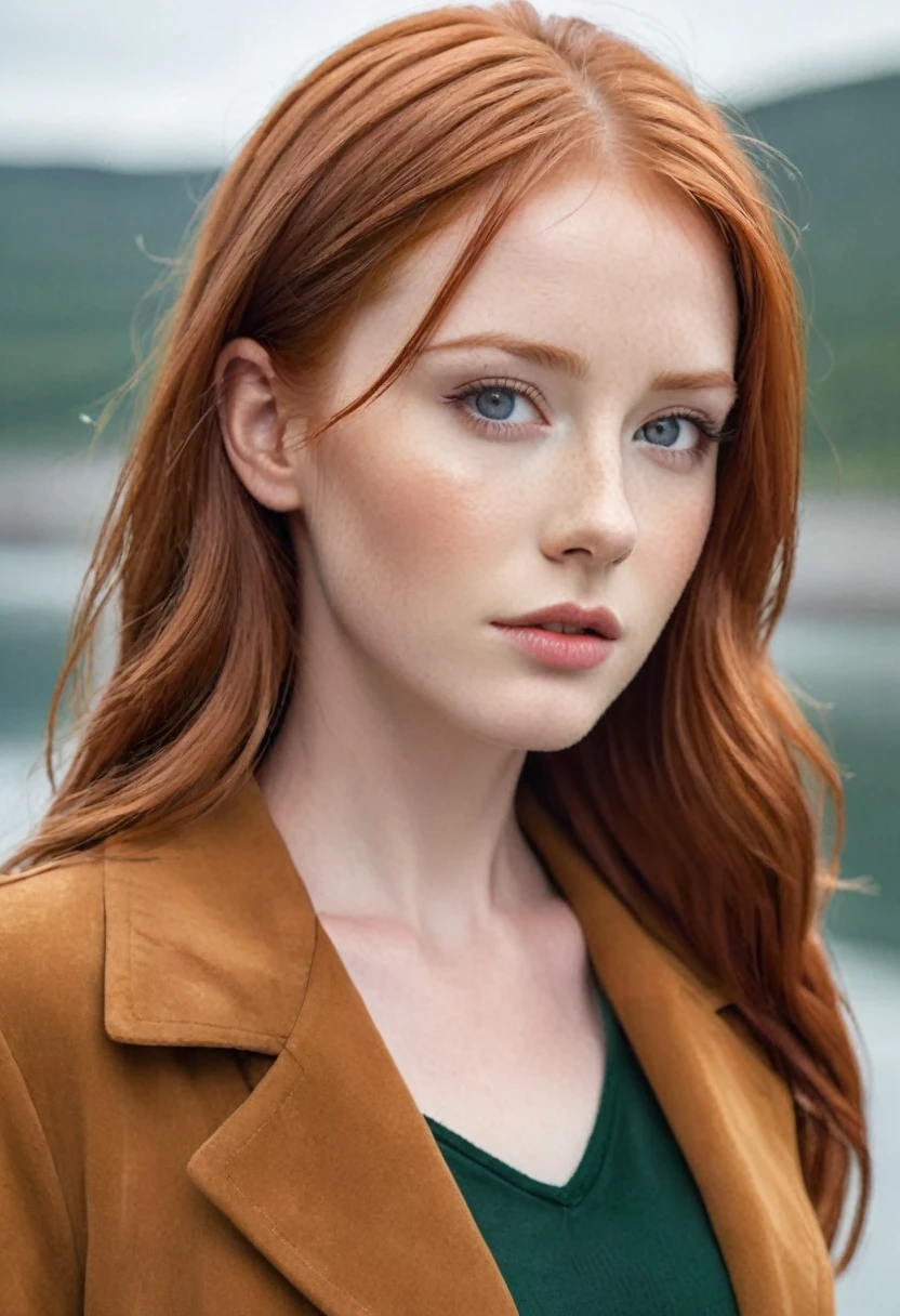 a close up of a woman with red hair and a brown jacket, red hair and attractive features, flowing ginger hair, ginger hair, ginger hair with freckles, copper hair, redhead woman, a redheaded young woman, red head, yelena belova, she has long redorange hair, long glowing red hair, redhead girl, anna nikonova aka newmilky
