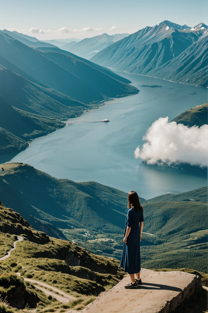 a woman at a distant height observing a landscape 