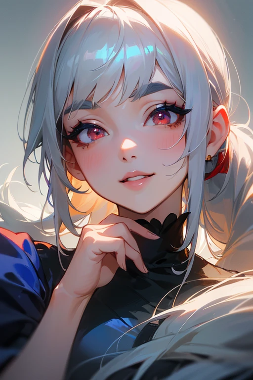 (Highest quality, masterpiece:1.2), (High resolution, 最高masterpiece).(difficult).Very detailed, Realistic:1.37, Fantasy, An illustration,Gray Hair、 Red eyes、Queen, Navy and blue dress、beautifully、Eyeshadow Red、Thick eyebrows、Long eyelashes、pupils are black、shiny on the lips、Top Sites、Queen、Princess、A kind smile、Show your teeth a little and smile、Soft impression、people々々々々々々々々々Loved by、Slimming the face、Shoulder Bare、ponytail、Kissing Face、Long white hair、Shaggy Bangs、Save face image、