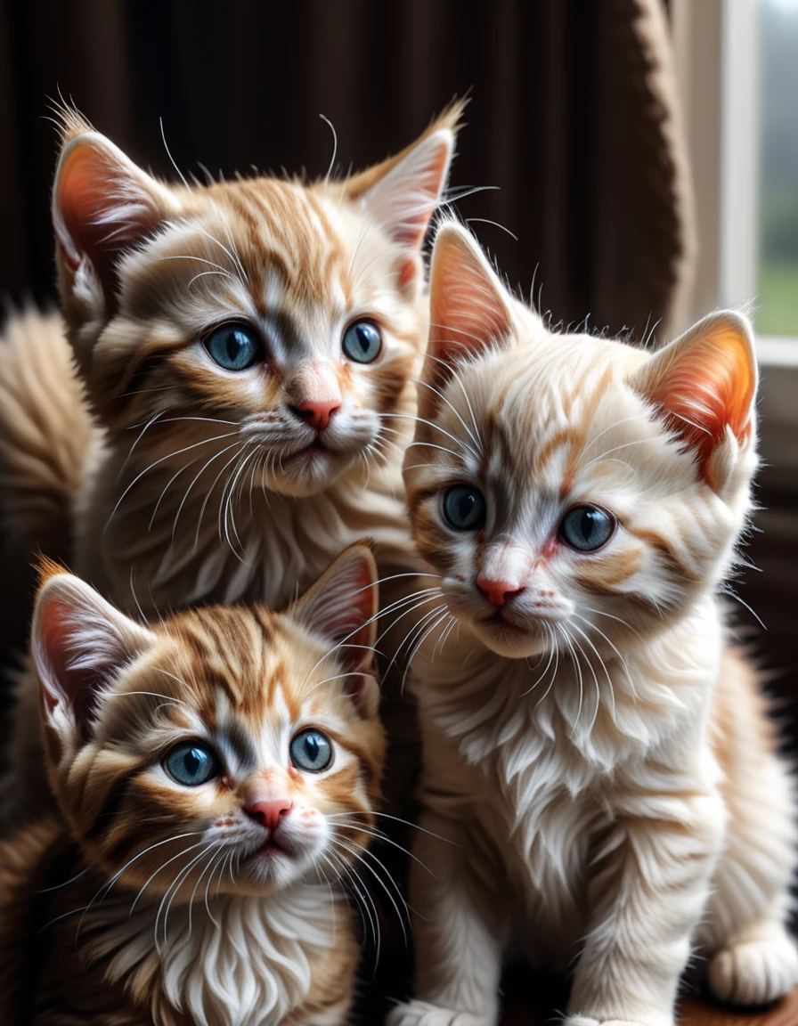 w00len a photoRealistic close up picture of kittens made out of wool and thread, thread, (highly detailed:1.0),(masterpiece, Highest quality, Realistic, detailed:1.1)