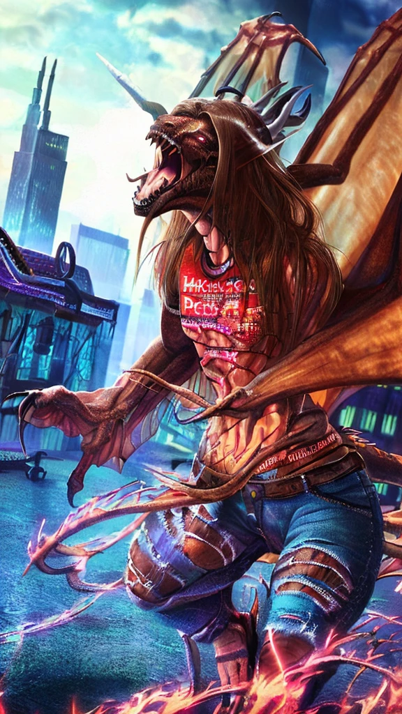 a beautiful girl with long brown hair, MelenaMariaRya, screaming in terror, transforming into a dragon, city street, t-shirt, jeans, clothes ripping, photo-realistic, intricate details, dramatic lighting, dark fantasy, cinematic, highly detailed, 8k, award winning, masterpiece, transformation, best quality