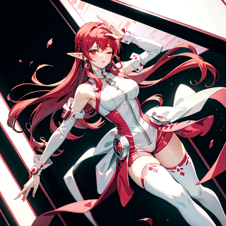 a girl，Elf，long red hair，eyes closed，melancholy，earrings，Fashionable clothing，Cyberpunk style，White and pink sleeveless bodysuit，Super detailed zipper，pink arm sleeves，white shorts，black knee socks，White booties，dynamic poses，sci-fi landscape，best picture