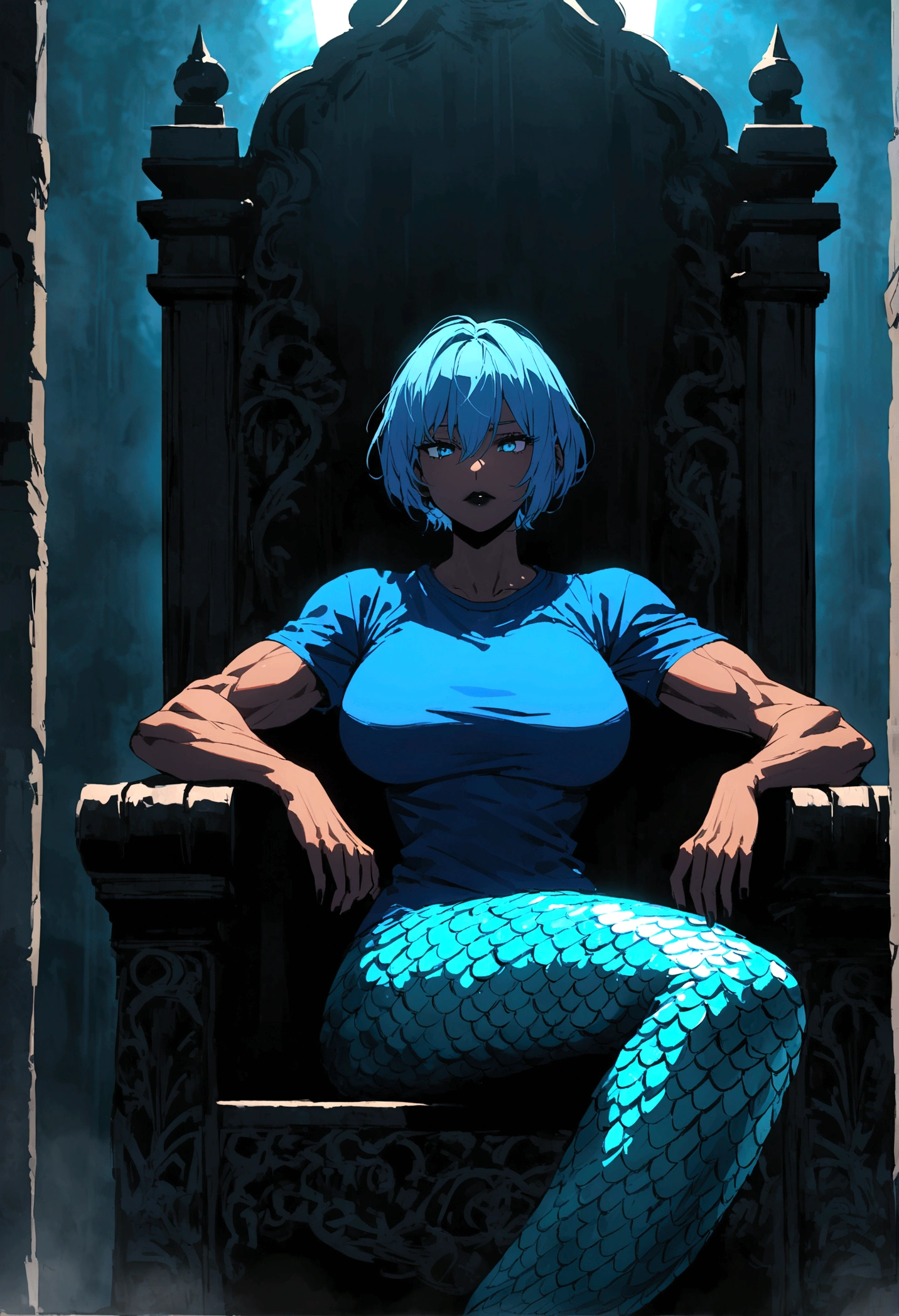 dark skin white and blue short hair big breasts black and blue mermaid fish tail color midnight black lipstick top blue t shirt muscles sitting down on a throne