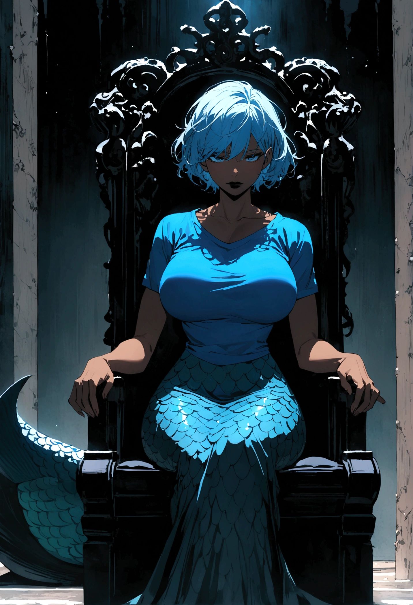 dark skin white and blue short hair big breasts black and blue mermaid fish tail color midnight black lipstick top blue t shirt muscles sitting down on a throne