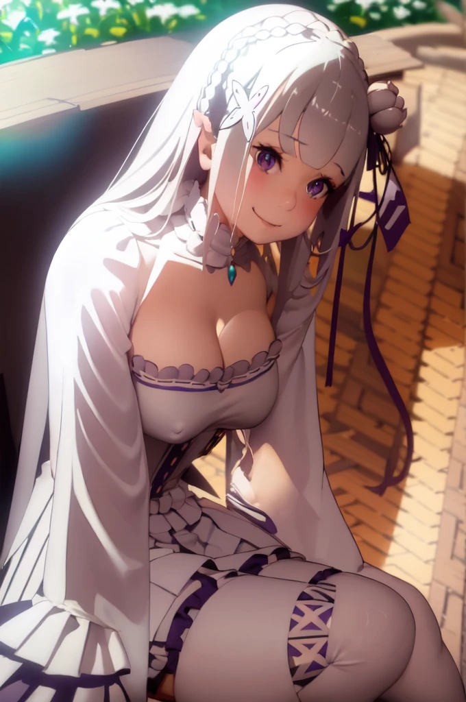 masterpiece, 1girl, Emilia, blunt bangs, long hair, crown braid,
white dress, detached collar, wide sleeves, x hair ornament, hair flower, hair ribbon, white thigh boots, cleavage, purple frills, pleated_white_skirt
sitting on bench, garden, arms at sides,
looking at viewer, (smile:1.2), blush, from above,naked