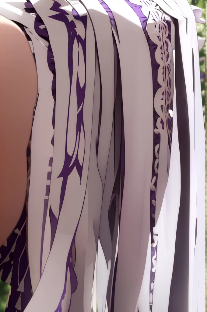 masterpiece, 1girl, Emilia, blunt bangs, long hair, crown braid,
white dress, detached collar, wide sleeves, x hair ornament, hair flower, hair ribbon, white thigh boots, cleavage, purple frills, pleated_white_skirt
sitting on bench, garden, arms at sides,
looking at viewer, (smile:1.2), blush, from above,naked