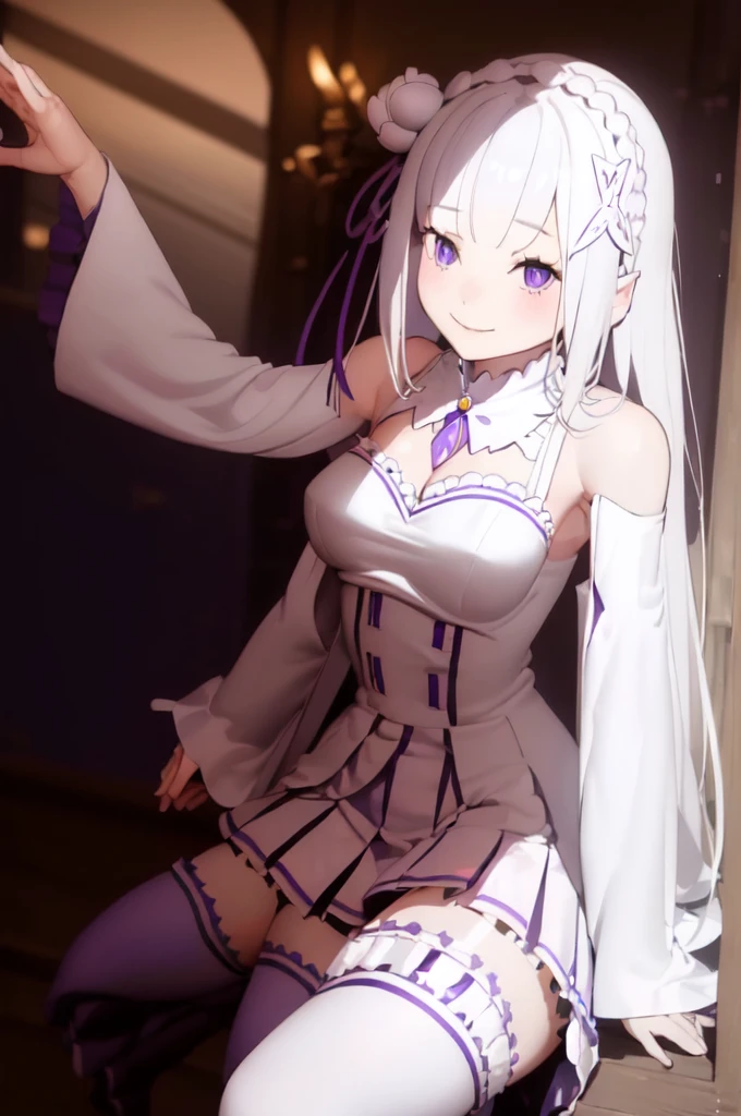 masterpiece, 1girl, Emilia, blunt bangs, long hair, crown braid,
white dress, detached collar, wide sleeves, x hair ornament, hair flower, hair ribbon, white thigh boots, cleavage, purple frills, pleated_white_skirt
sitting on bench, garden, arms at sides,
looking at viewer, (smile:1.2), blush, from above,naked