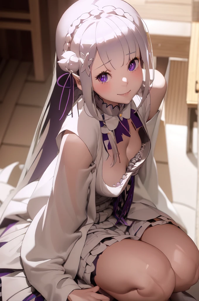 masterpiece, 1girl, Emilia, blunt bangs, long hair, crown braid,
white dress, detached collar, wide sleeves, x hair ornament, hair flower, hair ribbon, white thigh boots, cleavage, purple frills, pleated_white_skirt
sitting on bench, garden, arms at sides,
looking at viewer, (smile:1.2), blush, from above,naked