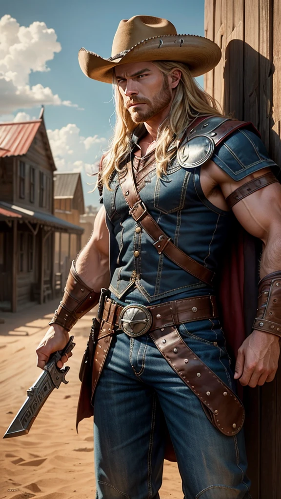 Thor in Wild West style, wearing Cowboys lather clothes,, Cowboys hat and bring a pistol, holding a shield, in cowboy city, cinematic, extreem realistic, extreem detailed, extreem Sharp, super high resolution image, best quality photo,