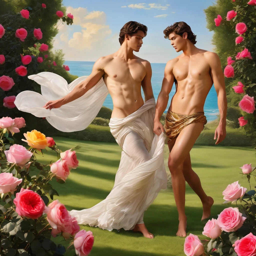 candid an image of 2man, an attractive and charming 2man, Position in a graceful contrapposto stance (in a field of vibrant swirling roses garden), good looking masculine appearance with slender smooth body, delicate and symmetrical face, natural olive skin tone, (nude body wrapped in classical drapery sheer rainbow color fabric), with flowing dramatically in the wind, some fabric to billow as if caught by a gentle breeze. The composition include mythological elements, such as a backdrop of a serene ocean with a golden sunrise and nymphs to frame the scene. Illuminate the scene with soft diffused lighting to create a dreamlike, celestial atmosphere, capturing the delicate interplay of light and shadow on his face and body. ((full body shot)), wide-angle lens on a high-resolution DSLR camera to capture the grandeur and intricate details of the setting, while shooting from a low angle to emphasize the model's majestic presence. The overall mood should blend the classical elegance of Botticelli's work with a modern, high-fashion aesthetic, producing an image that feels both timeless and contemporary, adding the Two Cherubs in the sense to balance and harmony the photo, evoke the soft ethereal quality of the Renaissance style, POV, raw photo, ((masterpiece)), ((best quality:1.4)), High Resolution, (ultra_realistic:1.37), (photorealistic:1.4, (NSFW), ((Pay attention to the layer and arrangement of body parts and surrounding objects)), ((Pay attention to the body composition)), ((Correct body structure)), ((Correct photo distance)), romantic atmosphere, lively extremely Gorgeous background), gay wedding,