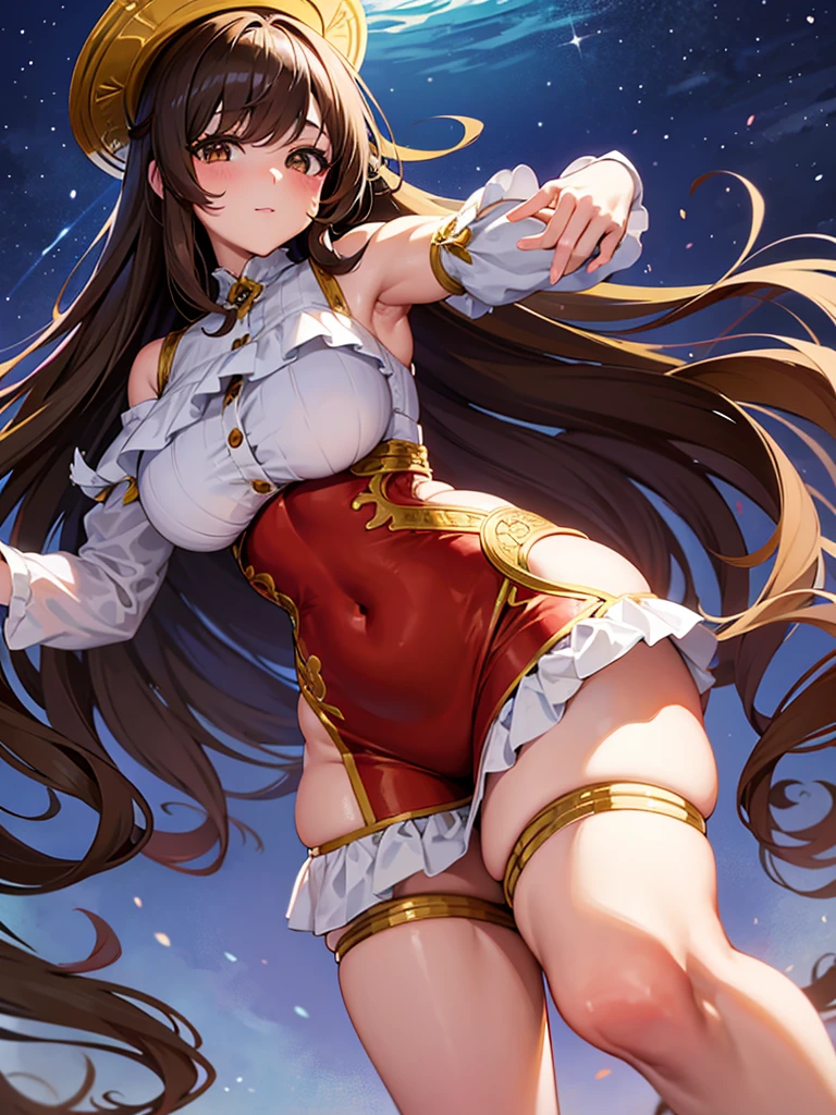 Anime girl, thick and curvy, long curly brown hair with bangs, brown eyes, fancy dress