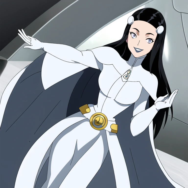 Phantom girl, long black hair, grey eyes, smile, white hair ornament, grey lips, sanpaku, belt, white cape, white gloves, best quality, masterpiece, cowboy shot