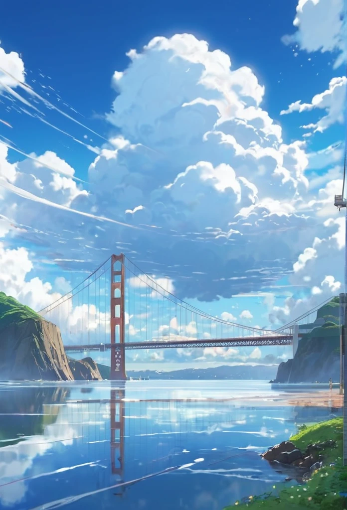 an instagram photo of clouds and the golden gate bridge in San Francisco, California, anime clouds, beautifull puffy clouds. anime, beautiful anime scenery, anime landscape, anime scenery, anime landscape wallpaper, anime sky, hyper realistic clouds, by makoto shinkai, by Makoto Shinkai, beautiful anime scene, beautiful anime artwork, in style of makoto shinkai, beautiful anime art, anime background art, ( ( makoto shinkai ) ), giant clouds, clean anime art, anime scenery concept art, ross tran. scenic background