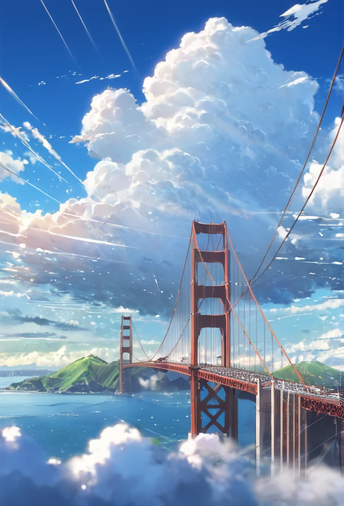an instagram photo of clouds and the golden gate bridge in San Francisco, California, anime clouds, beautifull puffy clouds. anime, beautiful anime scenery, anime landscape, anime scenery, anime landscape wallpaper, anime sky, hyper realistic clouds, by makoto shinkai, by Makoto Shinkai, beautiful anime scene, beautiful anime artwork, in style of makoto shinkai, beautiful anime art, anime background art, ( ( makoto shinkai ) ), giant clouds, clean anime art, anime scenery concept art, ross tran. scenic background