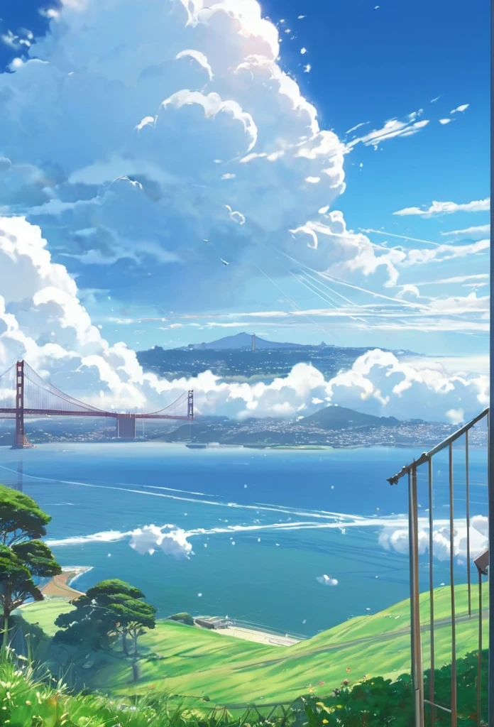 an instagram photo of clouds and the golden gate bridge in San Francisco, California, anime clouds, beautifull puffy clouds. anime, beautiful anime scenery, anime landscape, anime scenery, anime landscape wallpaper, anime sky, hyper realistic clouds, by makoto shinkai, by Makoto Shinkai, beautiful anime scene, beautiful anime artwork, in style of makoto shinkai, beautiful anime art, anime background art, ( ( makoto shinkai ) ), giant clouds, clean anime art, anime scenery concept art, ross tran. scenic background