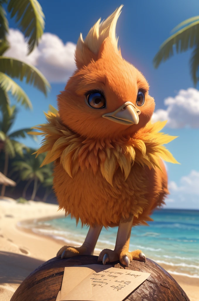 male, bird, Torchic, background, (cinematic lighting:1.1), (perfect focus:1.1), 8k hd, (detailed eyes:1.2),depth of field, bokeh, subsurface scattering, perfect breasts, wide ,((large shirt with a letter written "LWH" )),bright colors, (furry detail:1.3),detailed background, realistic, photorealistic, ultra realistic,(on a beach with a lot of vegetation on an island ),realistic, photorealistic ,smile,(fluffy:1.3), furry, buff, (realistic fur:1.1), (extreme fur detail:1.2),((light orange fur)),(Black pupil, brown eyes,pixar style eyes),Torchic tail,almost humanoid body.