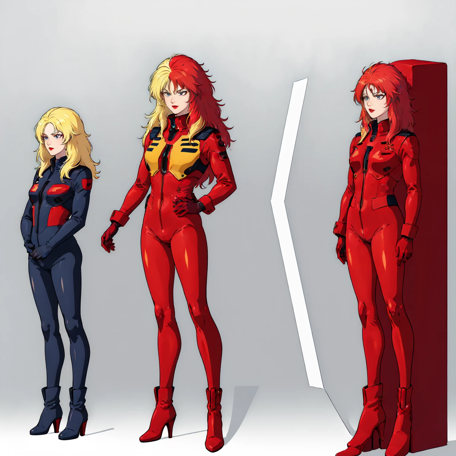 ((Full body photo, standing, feet on the ground))masterpiece,high quality,white background,solo,
chara_soon,1woman,
long hair,multicolored hair,two-tone hair,split-color hair,blonde hair,red hair,makeup,grey eyes,lipstick,
pilot suit,zion,
gloves,
boots,high heels,