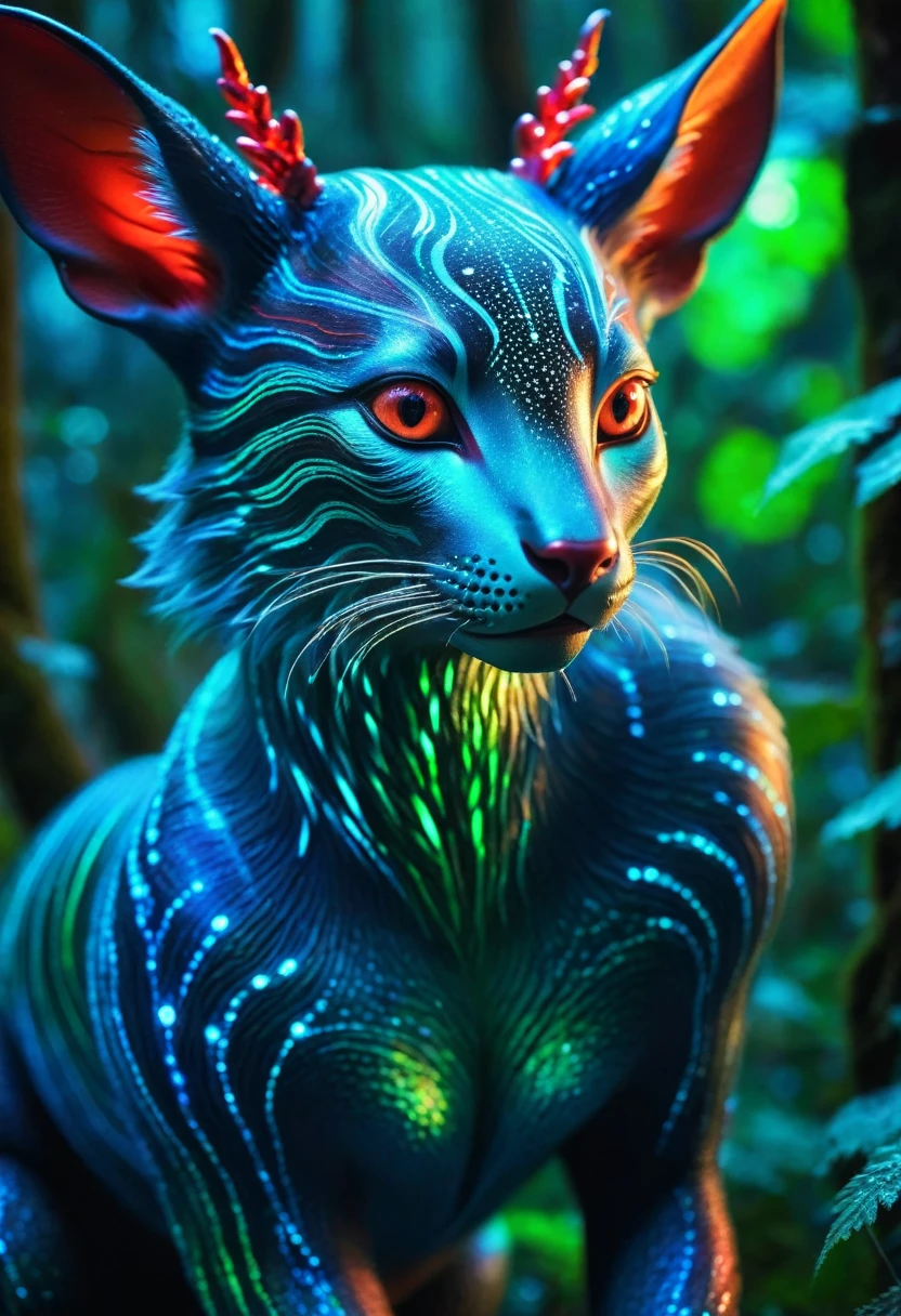 An exquisite mythical creature of the forest,Skin smooth as silk,It has a delicate pattern of spots and stripes,Seems to sparkle in the night, 8K, Colored lights, vivid, Ultra Detailed, Surreal photography ,blue,Red,green,blue